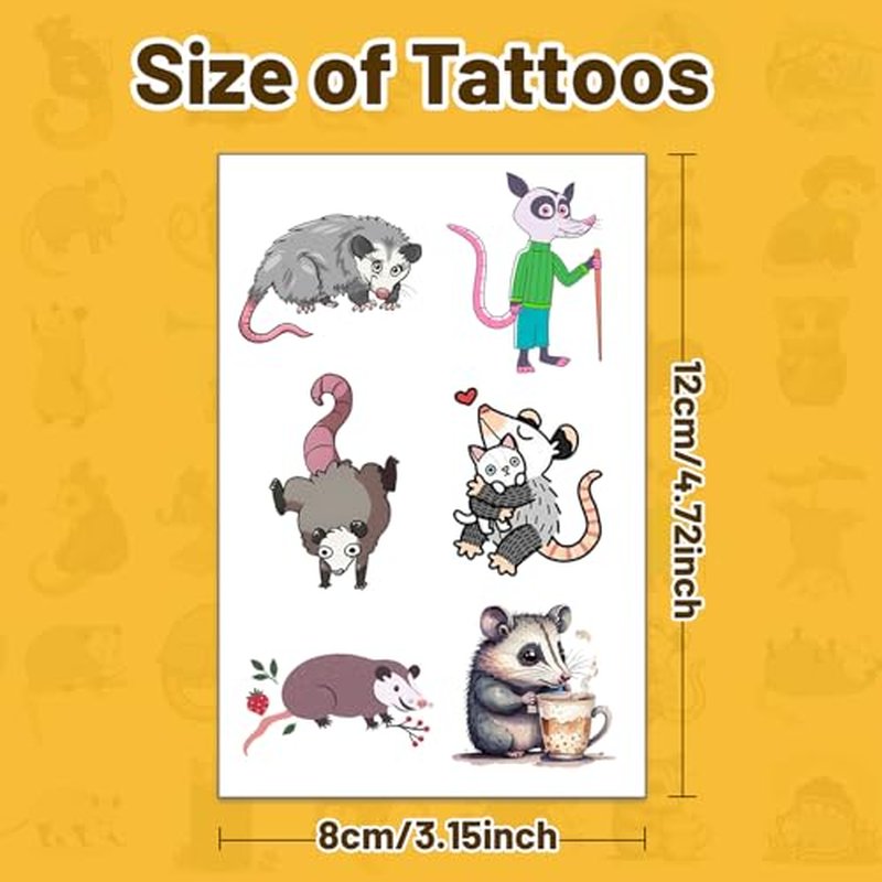 16 Sheets Possum Temporary Tattoos, Fun Opossum Stickers for Kids, Party Favors, Birthday Decorations, Classroom Rewards