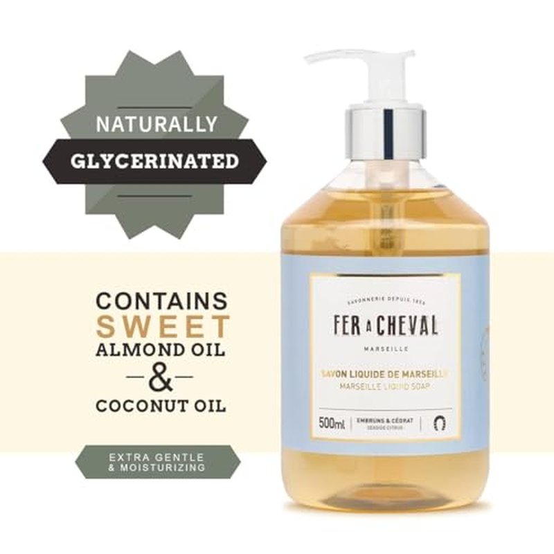 Fer ? Cheval Marseille Liquid Soap, Luxury French Liquid Soap, Savon Liquide De Marseille, Seaside Citrus, 500 ml/16.9 fl oz