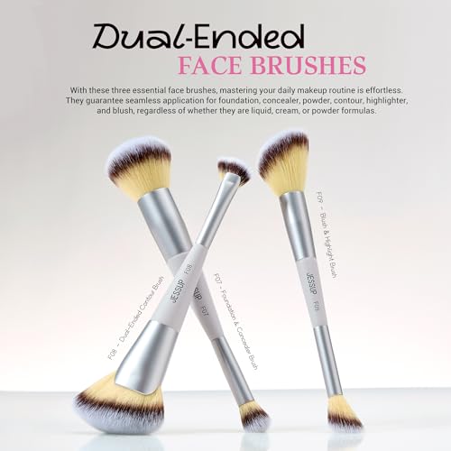 Jessup Makeup Brushes Set 7pcs Dual Ended Makeup Brush Premium Synthetic Foundation Contour Blush Highlight Blending Eyebrow Eyeshadow Shader Concealer Brush with Bag, Quiet Gray T520