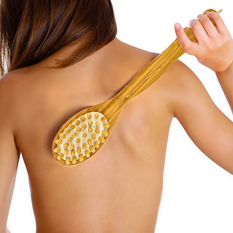 Bamboo Body Brush for Back Scrub - Natural Boar Bristle Shower Brush Scrubber with Long Handle - Exfoliate Skin and Cellulite - Wet or Dry