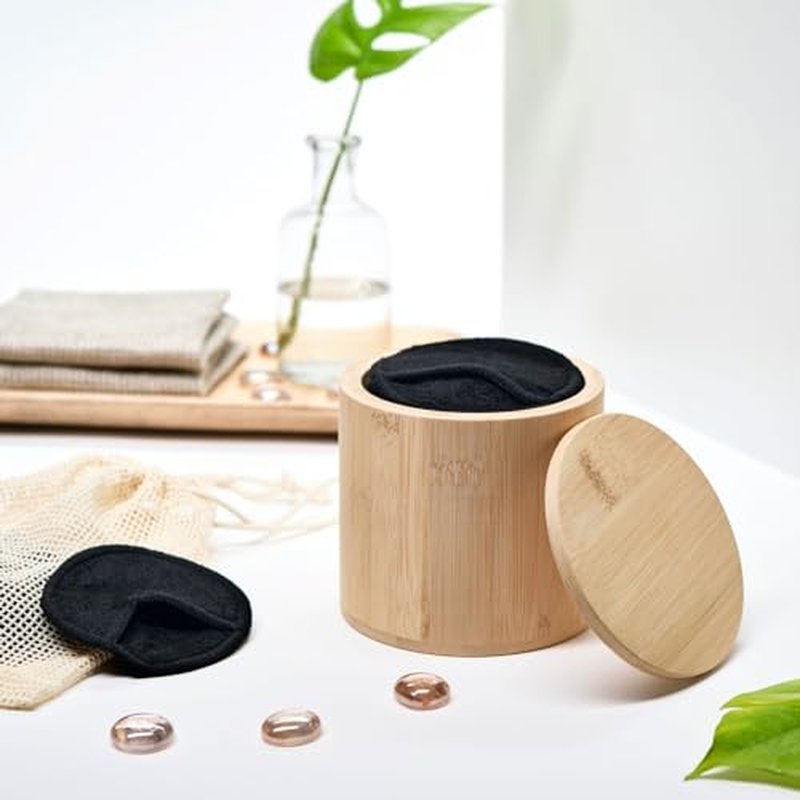 18 Pack Reusable Cotton Rounds for Makeup Removal with Bamboo Holder and Mesh Storage Bag (Black)