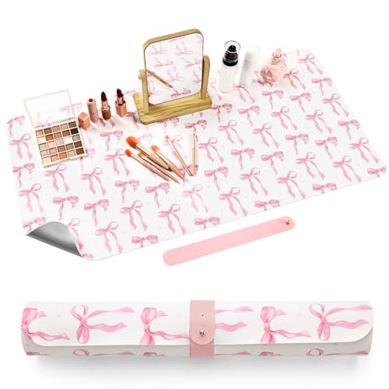 Coquette Bow Makeup Mat for Vanity Top Protector, Valentine Dual Sided Leather Vanity Waterproof Desk Pad Dressing Mat Nonstick Gifts for Women Home Office Decor(Pink,15.7" X 31.5")