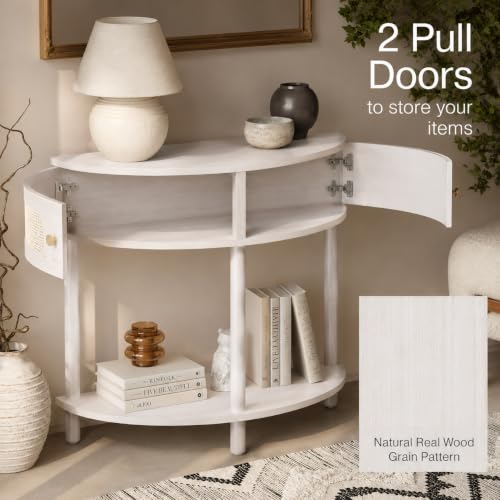 Weathered White Half Moon Entry Table - Modern Cane Console with Storage
