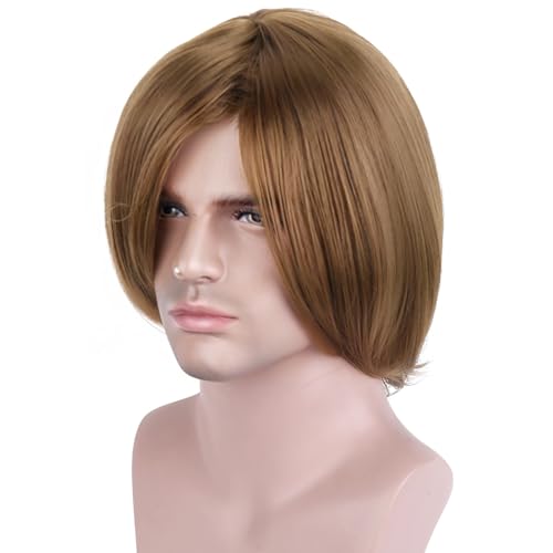 BERON Golden Brown Short Straight Wigs for Men with Side Part, Heat-Resistant Synthetic Hair