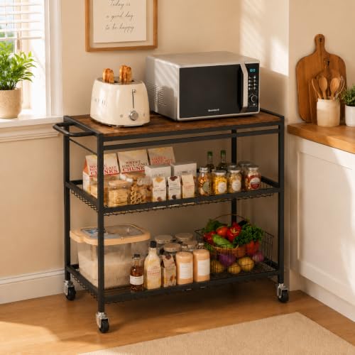 Pkuyres 29.92x17.8x33.46-Inch Heavy-Duty 3-Tier Rolling Kitchen Cart with Adjustable Shelf & Lockable Wheels