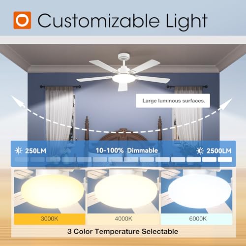 White 52 Inch Ceiling Fan with Lights Remote Wall Switch - Addlon