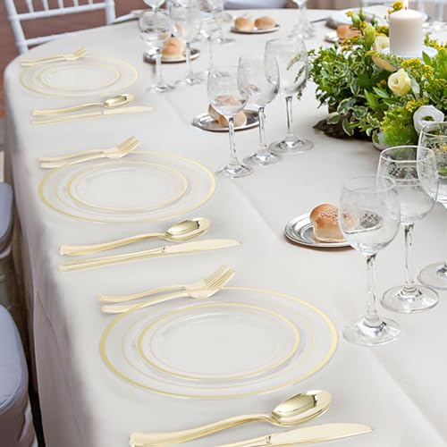 BESTVIP Clear Gold Plastic Plate Set for 100 Guests - Disposable Dinnerware for Weddings & Parties