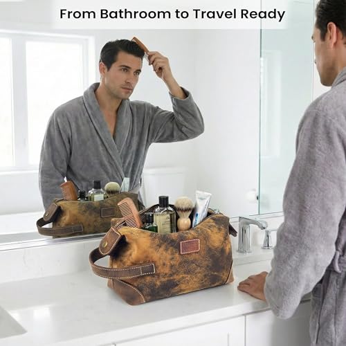 Distressed Brown Leather Dopp Kit for Men - Travel Toiletry Bag, Shaving Bag