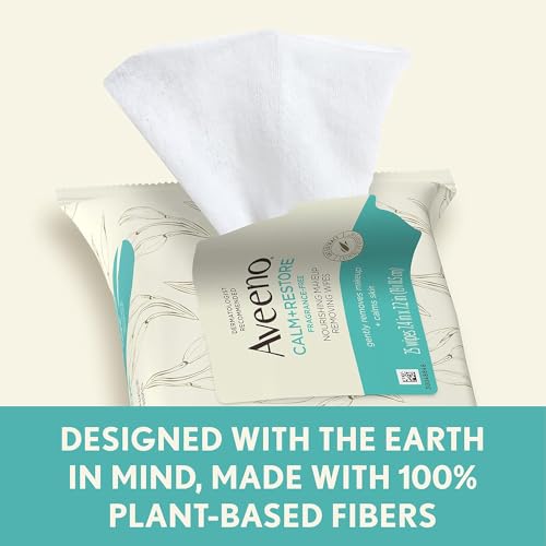 Aveeno Calm + Restore Nourishing Makeup Remover Face Wipes, Fragrance Free Facial Cleansing Towelettes with Oat Extract & Calming Feverfew, Alcohol Free, 100% Plant-Based Cloth, 25 ct - Pack of 2