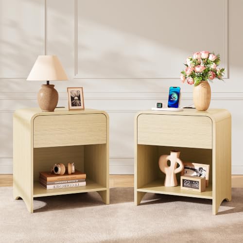 Nightstand Set of 2 with Charging Station Light Oak - Modern Storage & Night Tables with Power Outlets & USB