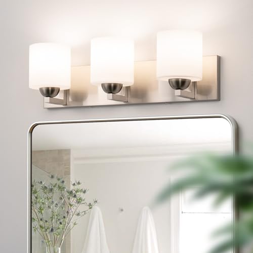 mirrea 3-Light Brushed Nickel Bathroom Vanity Light with White Glass Shades - Modern & Elegant 22-inch Fixture