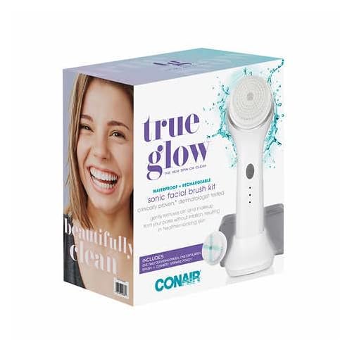 Conair True Glow Sonic Facial Brush Kit, Waterproof and Rechargeable with 2 Brush Heads and Cosmetic Storage Pouch