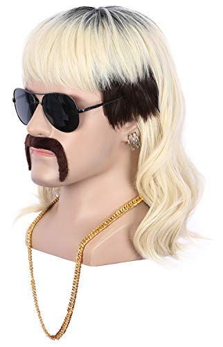 Men's Rock Star Style Blonde Mullet Wig - 70s 80s Long Black Roots Costume Hair