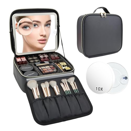 Travel Makeup Bag with LED Mirror & 10x Magnifying Glass - Black, Adjustable Dividers