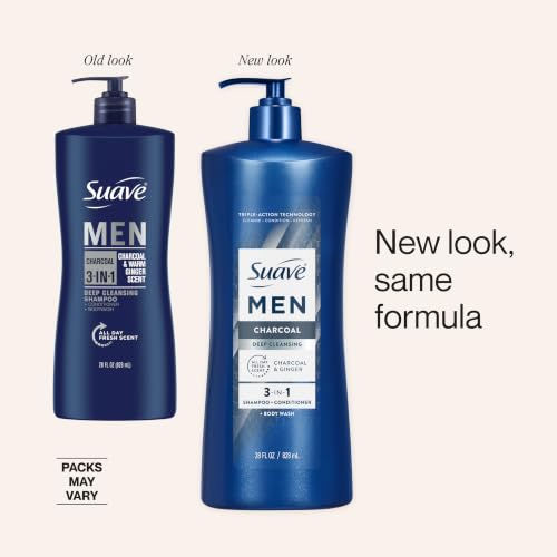 Suave Men Charcoal 3-in-1 Shampoo Conditioner Body Wash 4 Pack 28 FL Oz