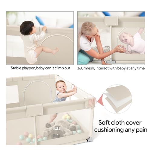 Fodoss Beige Baby Playpen 47x47in, Safety Mesh Play Yard for Toddlers & Babies