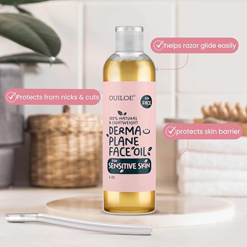Dermaplane Oil for Sensitive Skin - Hydrating Face Shaving Oil for Women - Safe for Acne Prone Skin - Non Comedogenic, Fragrance Free, Natural, Hypoallergenic for Pre & Post Dermaplaning 2oz by Ouiloe