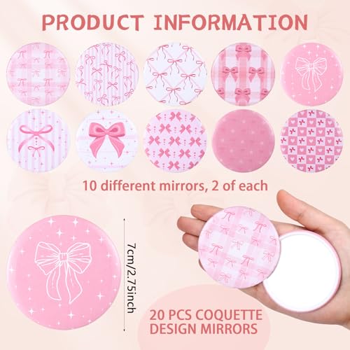 Pink Bow Hair Brush & Compact Mirror Set for Travel & Party Favors