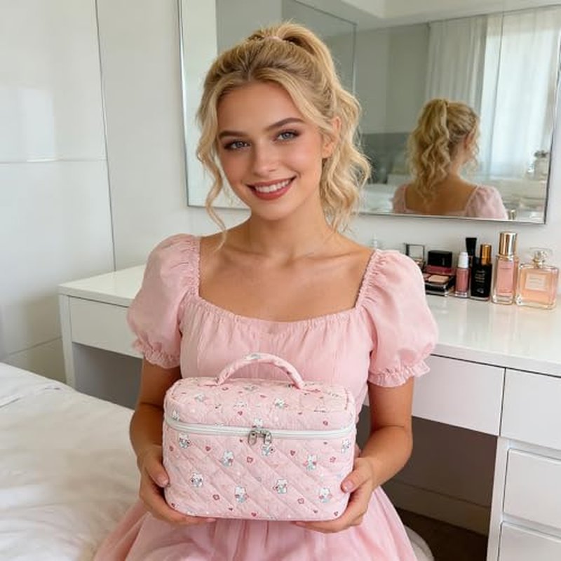 Large Cosmetic Bags Travel Makeup Bag with Portable Cute Toiletry Bag Aesthetic Make Up Organizer with Handle for Women (Pink)