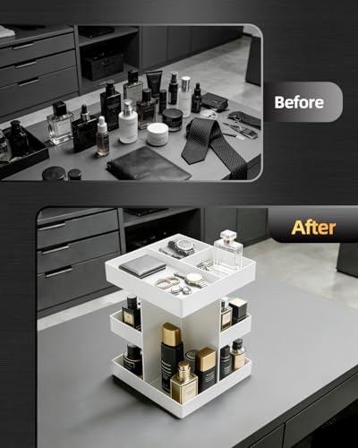 White 3-Tier Acrylic Cologne Organizer with Rotating Shelves for Men, Waterproof Perfume Stand