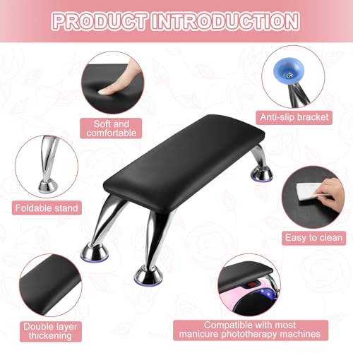 Black Microfiber Leather Nail Arm Rest for Tech, Removable Hand Support with Tools
