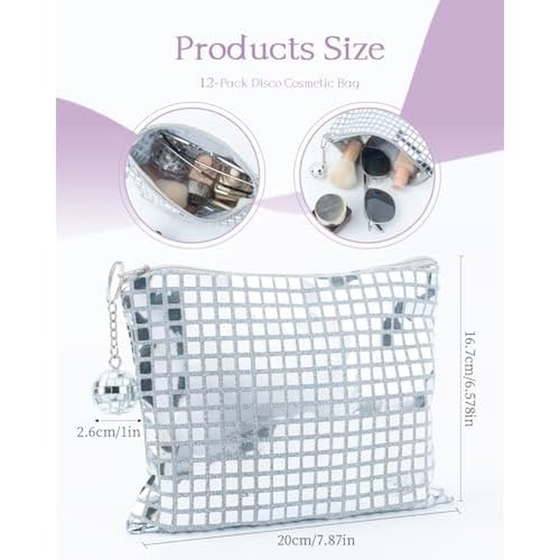 12 Pack Disco Ball Makeup Bag - Disco Party Decorations and Favors, Sequin Mirror Cosmetic Bag for Women