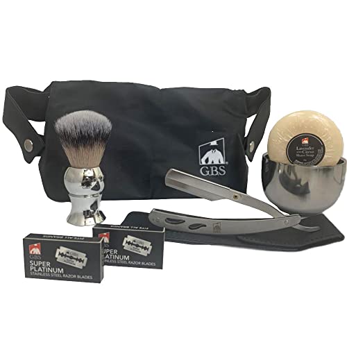 G.B.S Men¡¯s Wet Shaving Kit, Interchangeable Shaving Razor, Synthetic Badger Hairbrush, Mesh Travelling Toiletry Bag, Shavette Razor
