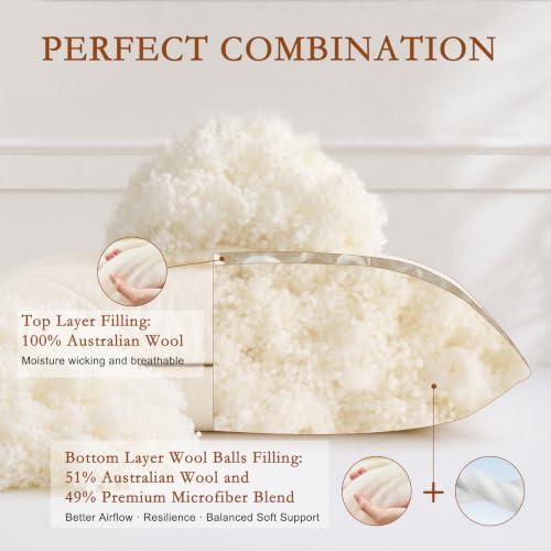 Natural Wool Pillow Set of 2 - Off White, Standard Size, Support Gusseted Bed Pillows for Side Sleepers
