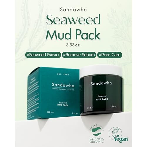 SanDaWha SKINCURE Vegan Seaweed Mud Mask, Korean skincare Blackhead Remover Clay Mask for Pore Cleansing with Kaolin & Bentonite, Oil Control & Gentle Exfoliation, 3.5oz