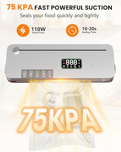 7-in-1 Food Vacuum Sealer Machine with 75kPa Power, Grey Black - Includes 20 Bags