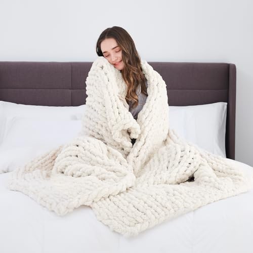 L'AGRATY Ivory Chunky Knit Throw Blanket 72x84 inches - Handcrafted Cozy Couch Cover