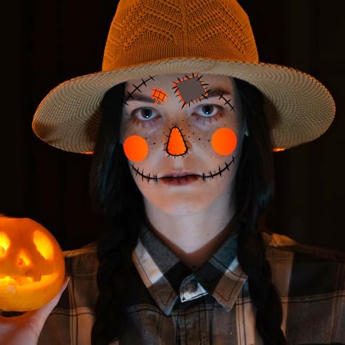 HOWAF 4 Sheets Scarecrow Face Tattoos for Halloween Scarecrow Costume, Straw Witch Sunflower Temporary Tattoos for Scarecrows Cosplay Supplies, Scarecrows Fake Tattoos Full Face Tattoo