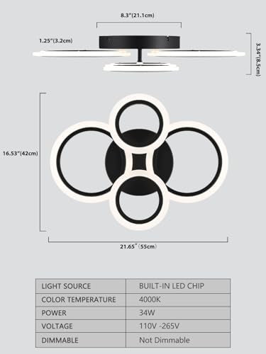 4-Light LED Flush Mount Ceiling Light - Black Modern Geometric Rings - Not Dimmable