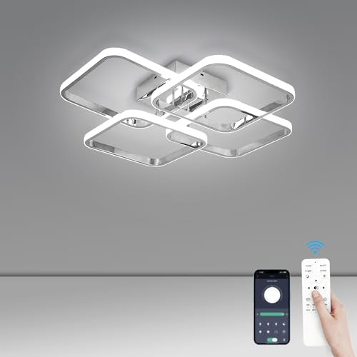 Dimmable Modern LED Ceiling Light with 4 Square Rings - Chrome Finish, 48W, Remote Control