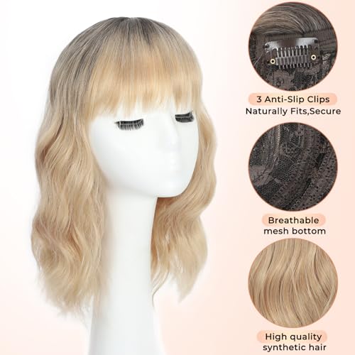 14 Inch Curly Wavy Hair Topper with Clips - Ombre Dark Root to Blonde