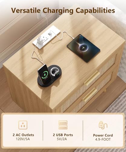 Keehusux 23.6-Inch Rattan Nightstand with Charging Station & Two Drawers