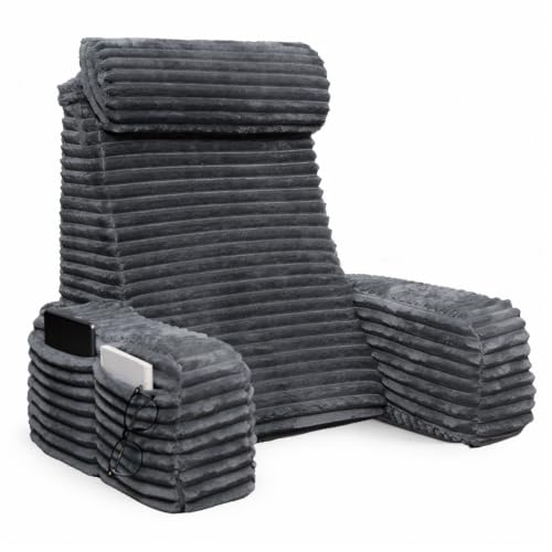XXL Bed Sitting Pillow with Armrests & Large Pockets - Dark Grey