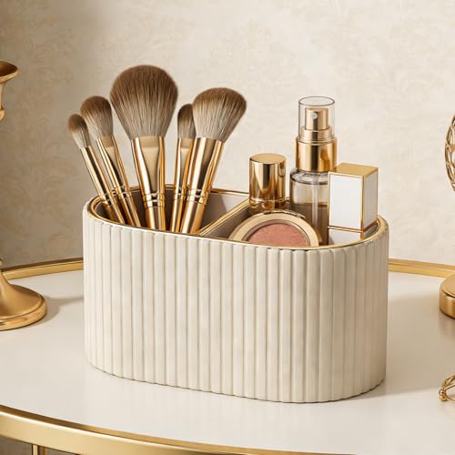 KINGFOM Makeup Brush Holder Organizer with Divider - Mocha Beige Leather Vanity Storage