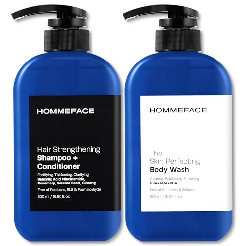 HOMMEFACE Men¡¯s Triple Action Shower Kit - 2 Piece Set with 2-in-1 Hair Strengthening Shampoo + Conditioner & Body Wash with Pump - Korean Skincare Technology for Body Acne and Scalp Health