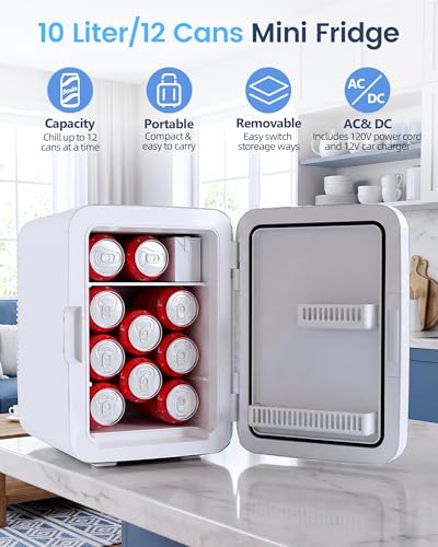 Mini Fridge 10L Compact Portable Refrigerator with AC/DC Power, White - Variation: White / 10L (15 Cans)