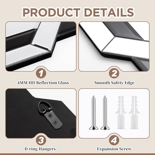 Vercraft Black 24x24 Inch Frameless Beveled Edge Wall Mirror for Bathroom & Bedroom