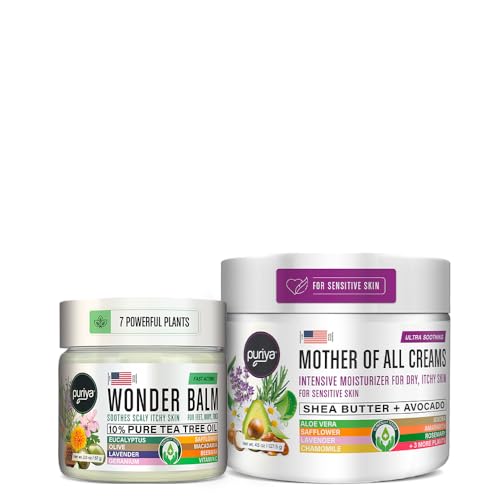 Puriya Tea Tree Oil Balm and Mother of All Creams with Light Peppermint Scent Bundle Set, Plant Rich Wonder Balm, Moisturizing Cream for Dry, Itchy, and Sensitive Skin