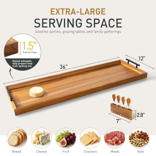 Large 36 Inch Teak Charcuterie Board with 4-Piece Cheese Knife Set & Handles - Variation of THIS listing