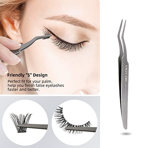 Lash Tweezers For Eyelash Extensions Clusters Lashes Applicator Tool Kit Amzgirl 3pcs Eyelashes Tweezer With Brush Set Stainless Steel Applicators For Diy Lashes Application And Removal (Silver)
