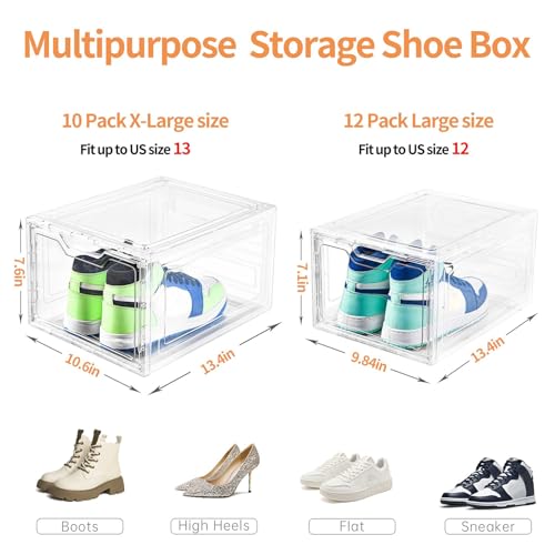 10 Pack Large Clear Plastic Shoe Boxes with Lids - Stackable Shoe Storage Organizer for Sneakers up to US Size 13 - Variation: Fit Size 13 / Clear