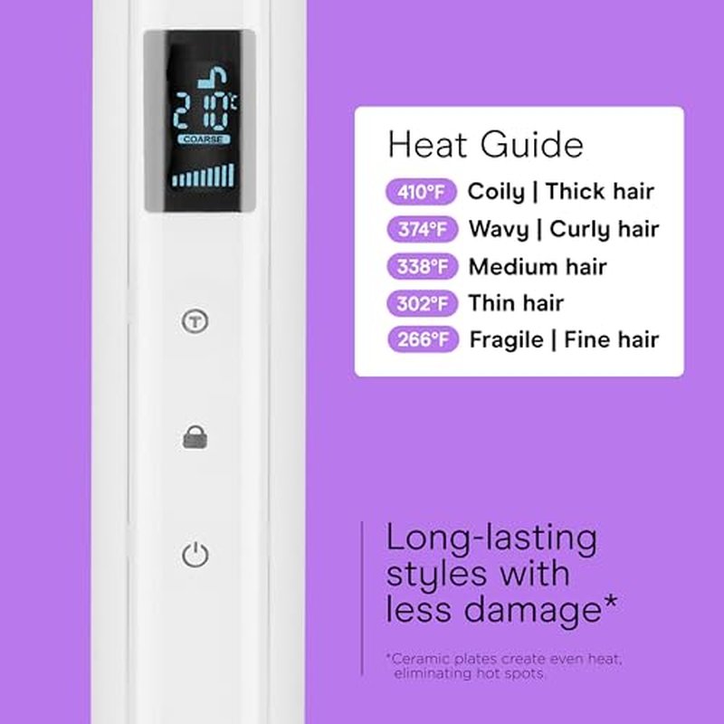 Conair Double Ceramic Flat Iron, 1-Inch Flat Iron, 5 Digital Temp Settings Up to 410¡ÆF, Extra-Long Plates, For All Hair Types and Textures, White