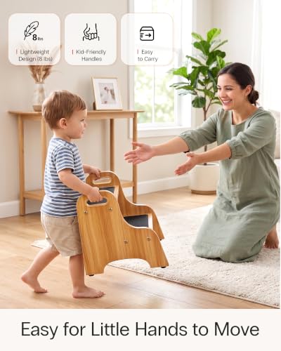 2 Pack Wooden Step Stools - Heavy Duty 350 lb Capacity Non-Slip Household Ladder