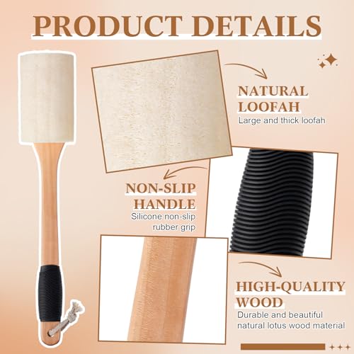 Zhehao 2 Pack Natural Loofah with Handle, Shower Loofah, Back and Body Scrubber Brush with Non Slip Silicone Grip and Hanging Rope for Wet Use Men Women Elders