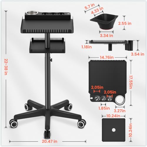 Salon Hair Extensions Organizer Cart with Magnetic Bowls & Adjustable Height - Black