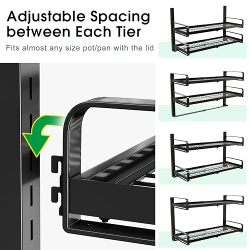 19-30 Inch Expandable Wall Mount Pot Rack with 2 Tiers, 10 Hooks & Lid Holders